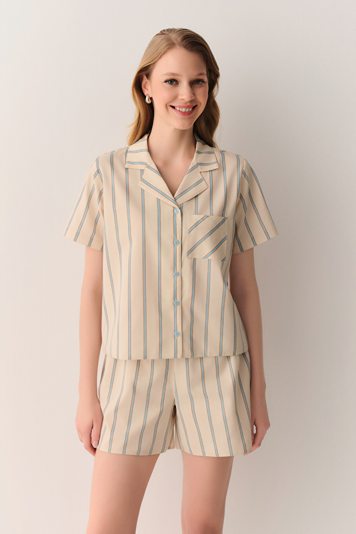 Sarı Çizgili Sugar Gömlek Yaka Şort Pijama Takımı