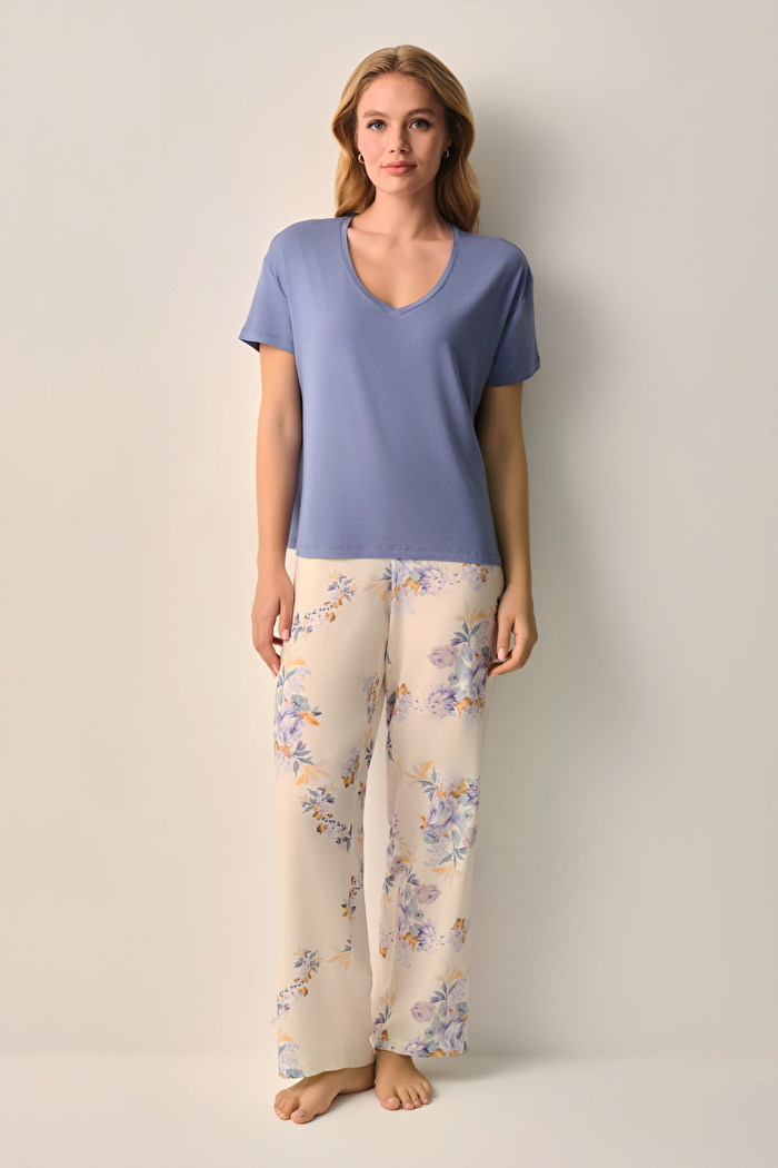 Bej Desenli Lina Pijama Takımı