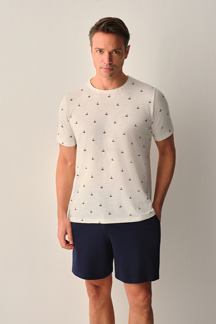 Beyaz Baskılı Wave Erkek Şort Pijama Takımı