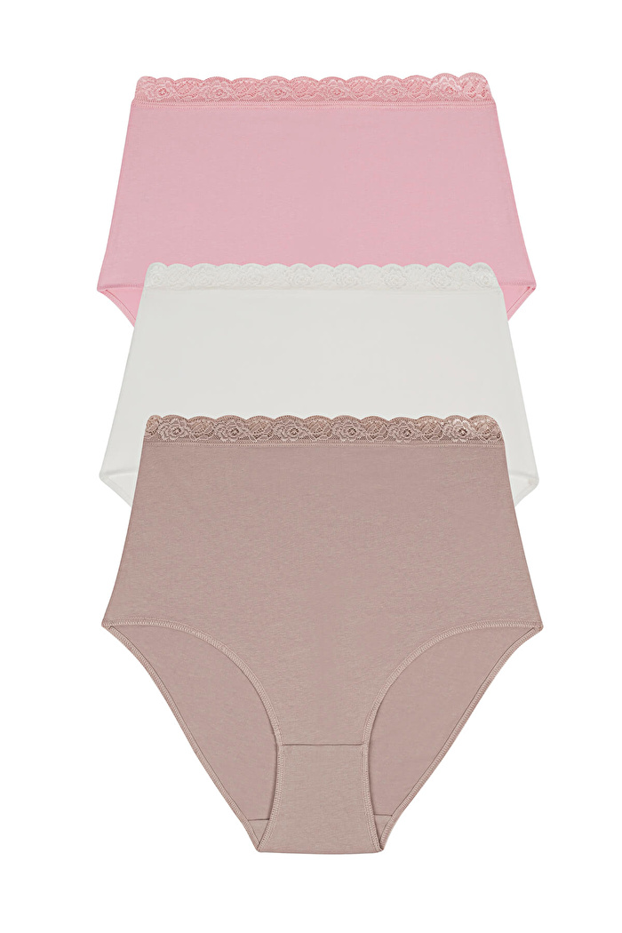 Ekru / Vizon / Pembe 3'lü Pamuklu Dantelli Maxi Yüksek Bel Slip Külot