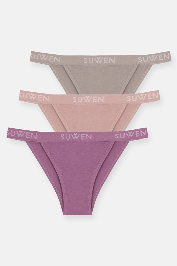 Mor / Pembe / Kahverengi 3'lü Pamuklu Lastikli Normal Bel Slip Külot