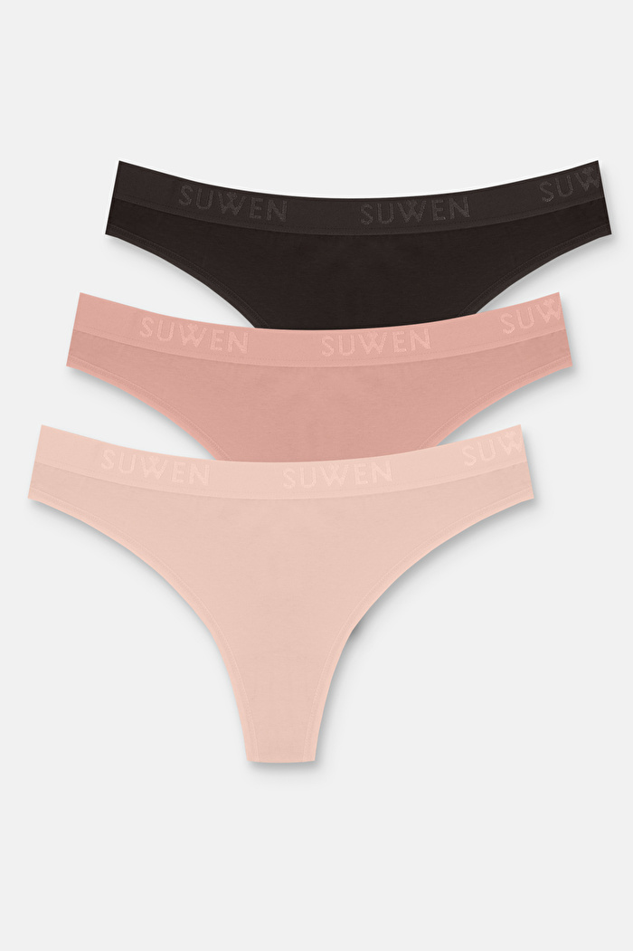 Ten / Kahverengi / Pembe 3'lü Pamuklu Lastikli Normal Bel String Külot
