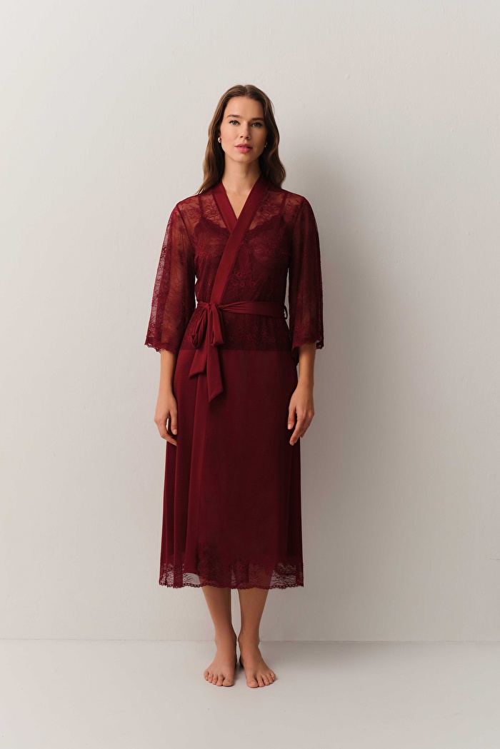 Bordo Antique Dantelli Uzun Sabahlık