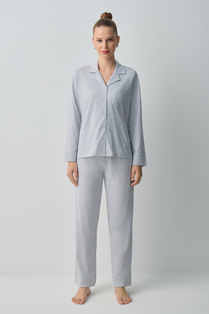 Gri Melanj Dotty Gömlek Yaka Pamuklu Pijama Takımı