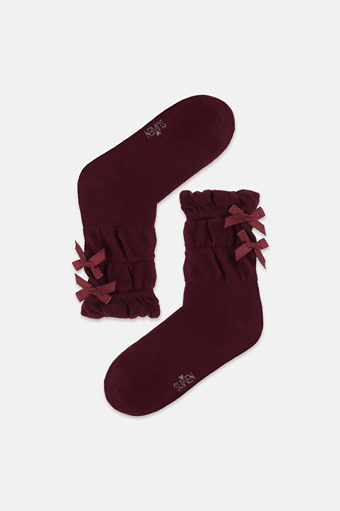 Bordo Çift Fiyonk Detaylı Soket Çorap