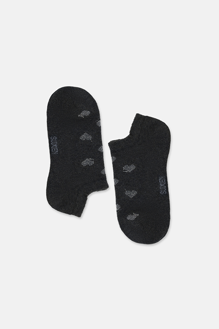 Koyu Gri Lurex Simli Kalp Desenlii Sneaker Çorap