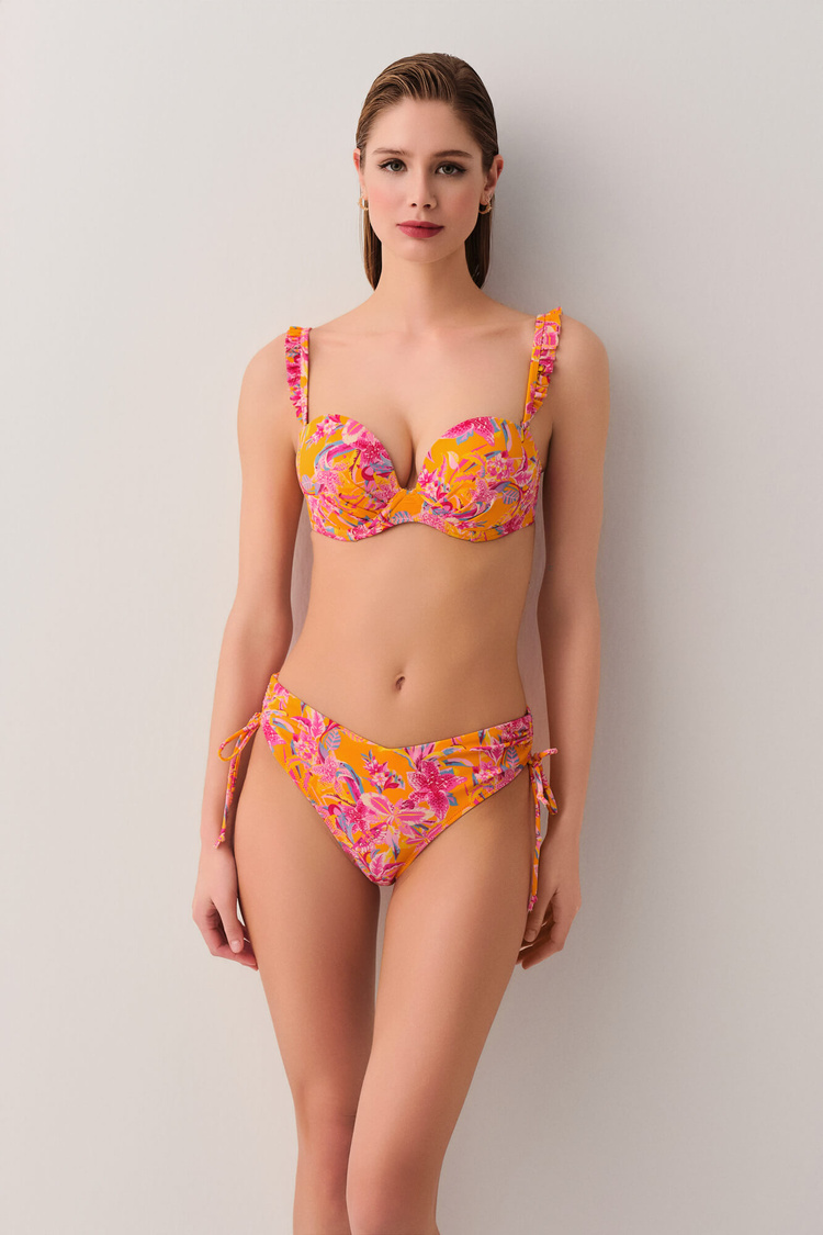 Turuncu Desenli Jungle Dolgulu Straplez Bikini Üst