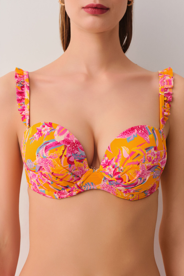 Turuncu Desenli Jungle Dolgulu Straplez Bikini Üst