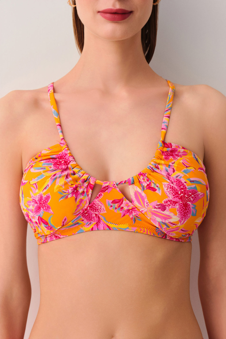 Turuncu Desenli Jungle Boyundan Bağlamalı Bikini Üst