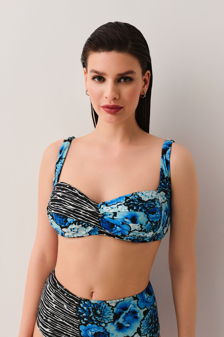 Mavi Çiçekli Azure Drapeli Bikini Üst