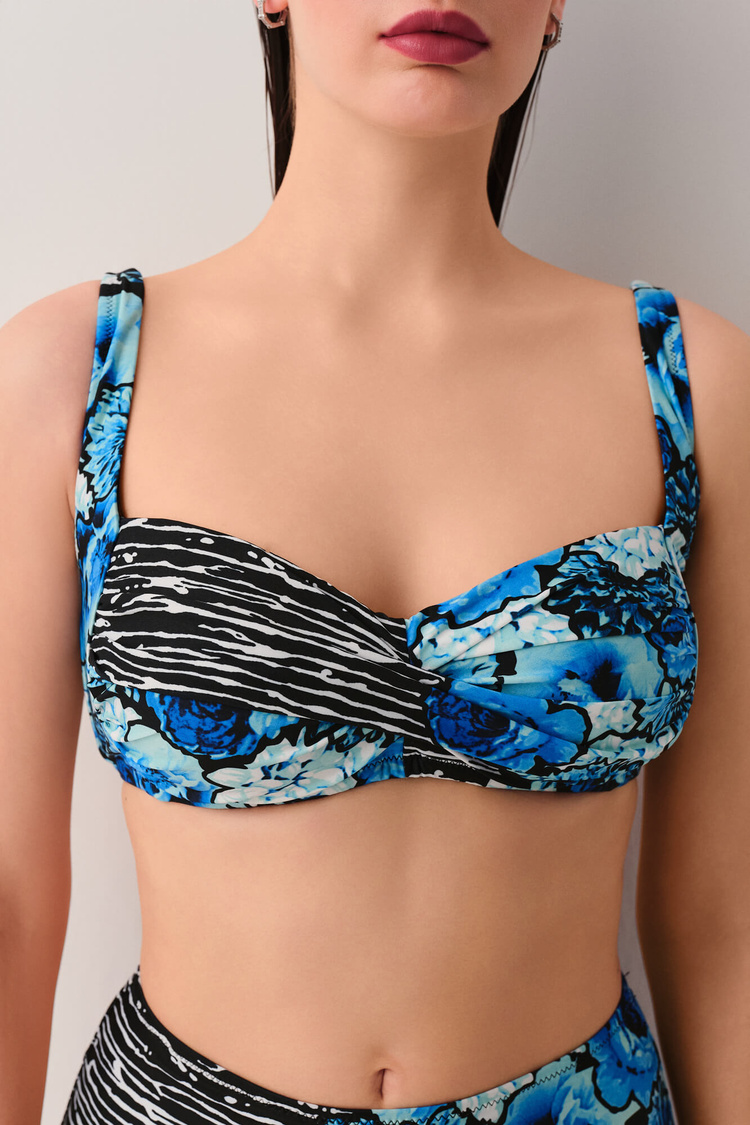 Mavi Çiçekli Azure Drapeli Bikini Üst