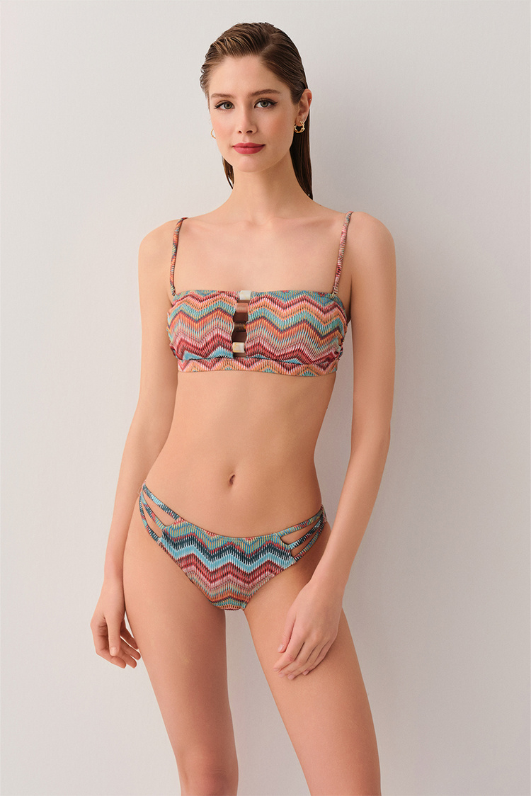 Renkli Desenli Wave Üç Şeritli Bikini Alt