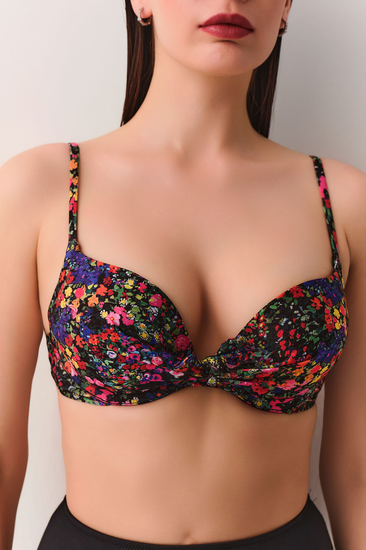 Siyah Çiçek Desenli Garden Önden Bağcıklı Full Dolgulu Bikini Üst