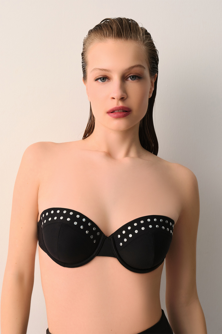 Siyah Spark Aksesuar Detaylı Straplez Bikini Üst