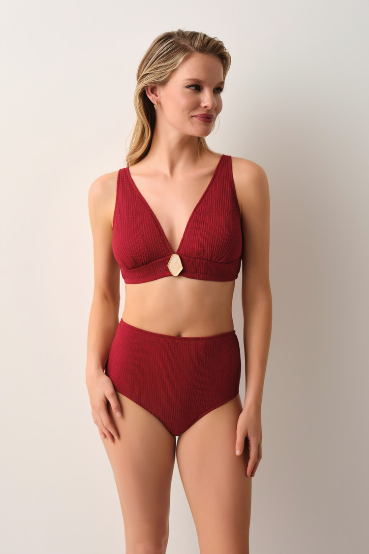 Bordo Mika Yüksek Bel Toparlayıcı Bikini Alt