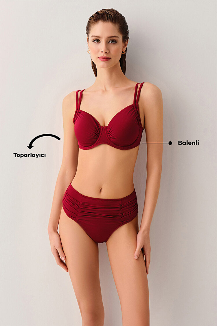 Bordo Balenli Körüklü Toparlayıcı Bikini Üst
