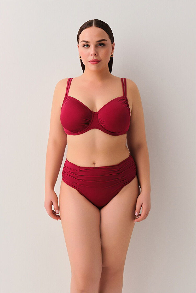 Bordo Balenli Körüklü Toparlayıcı Bikini Üst