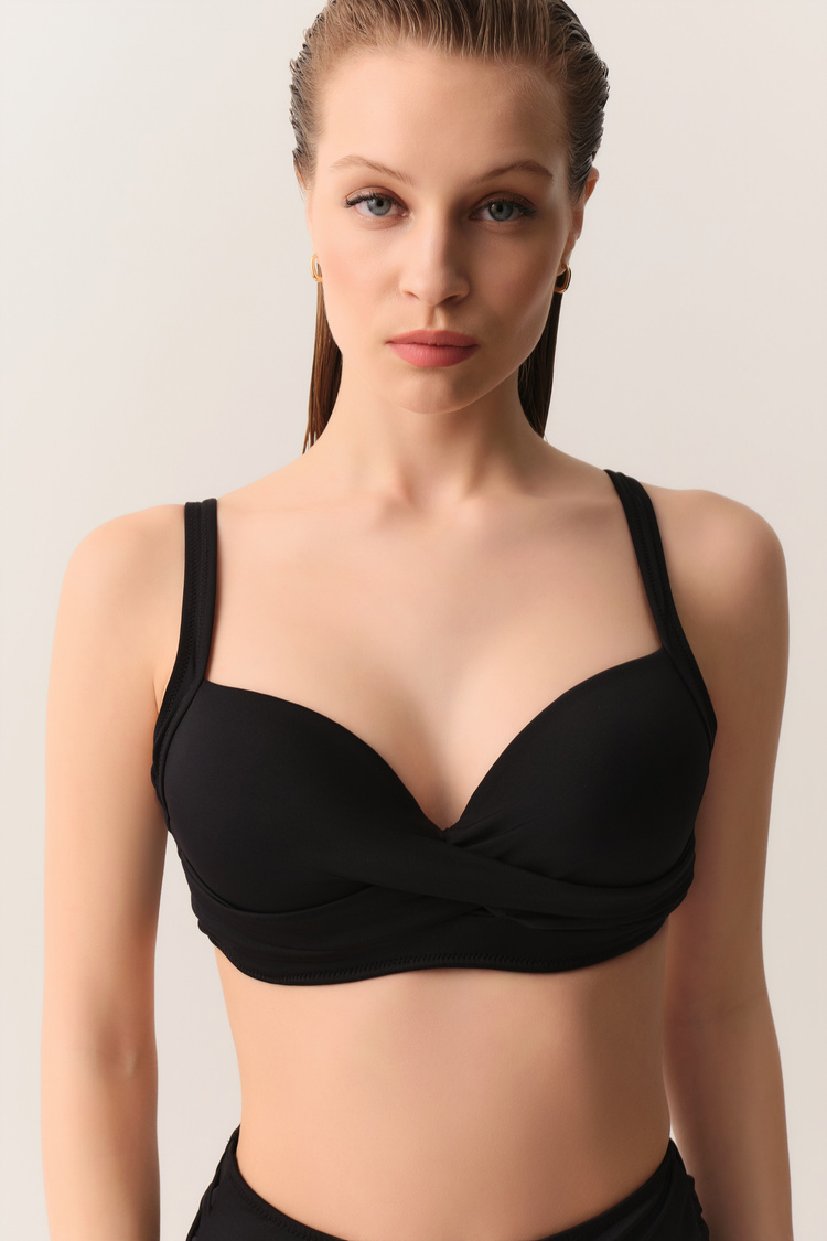 Siyah Önü Burgulu Korseli Balenli Toparlayıcı Bikini Üst
