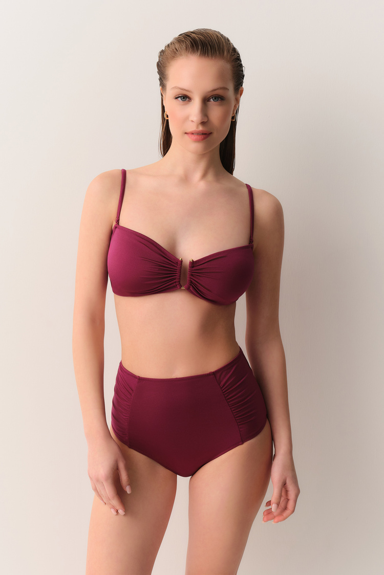Vişne Yüksek Bel Pileli Bikini Alt