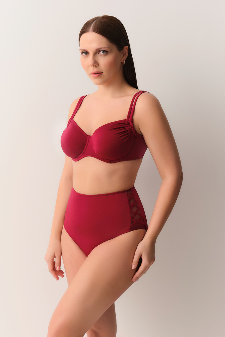 Bordo Yüksek Bel Yanı Biyeli Bikini Alt
