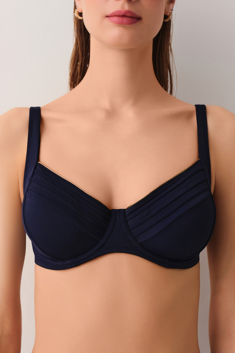 Lacivert Pipe Balenli Toparlayıcı Aksesuarlı Bikini Üst