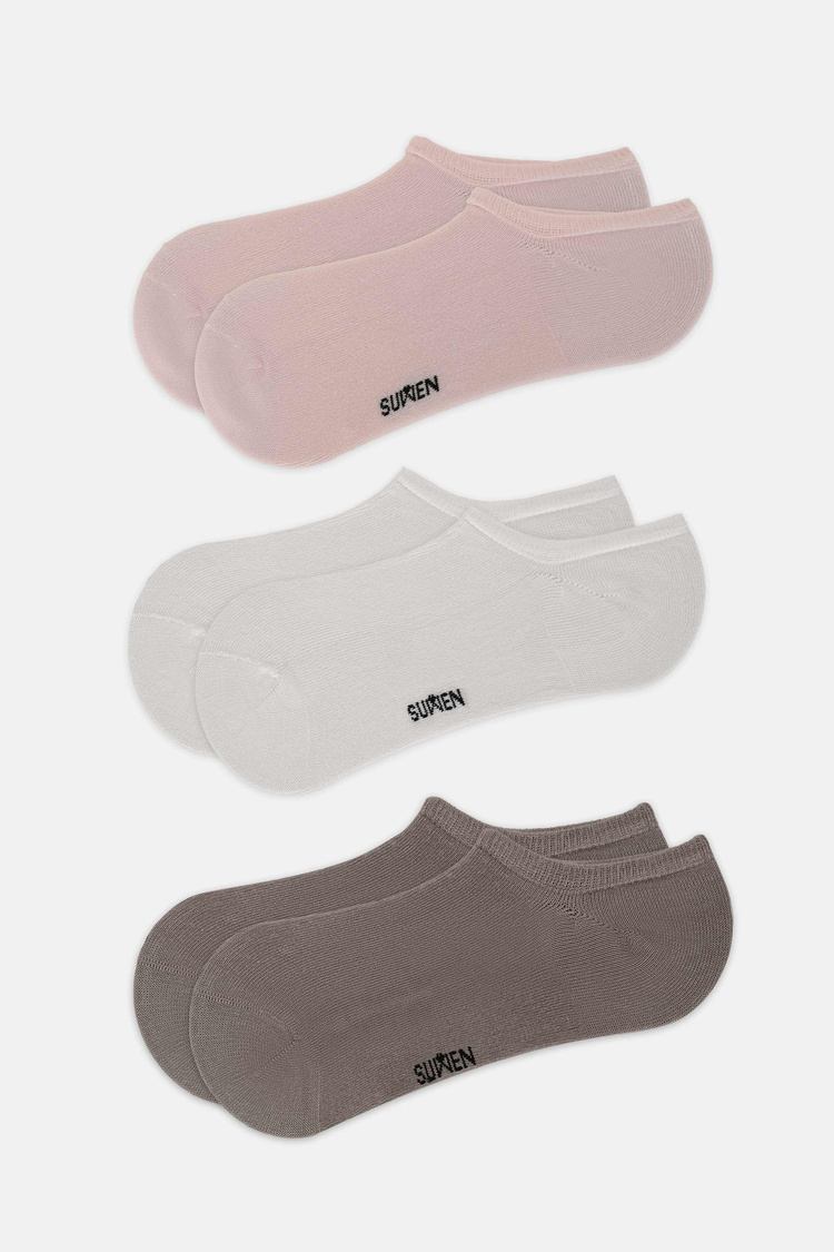 Kahverengi / Pembe / Beyaz Görünmez 3'lü Modal Sneaker Çorap