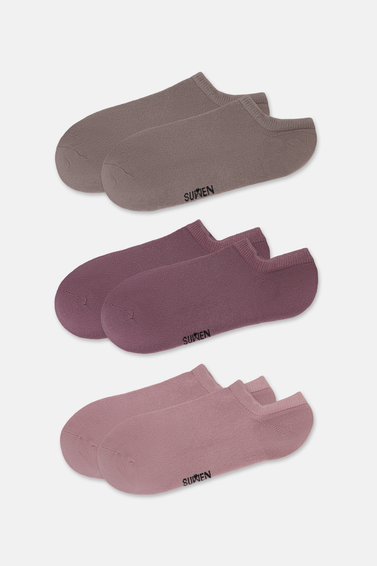 Mor / Pembe / Kahverengi Görünmez 3'lü Modal Sneaker Çorap
