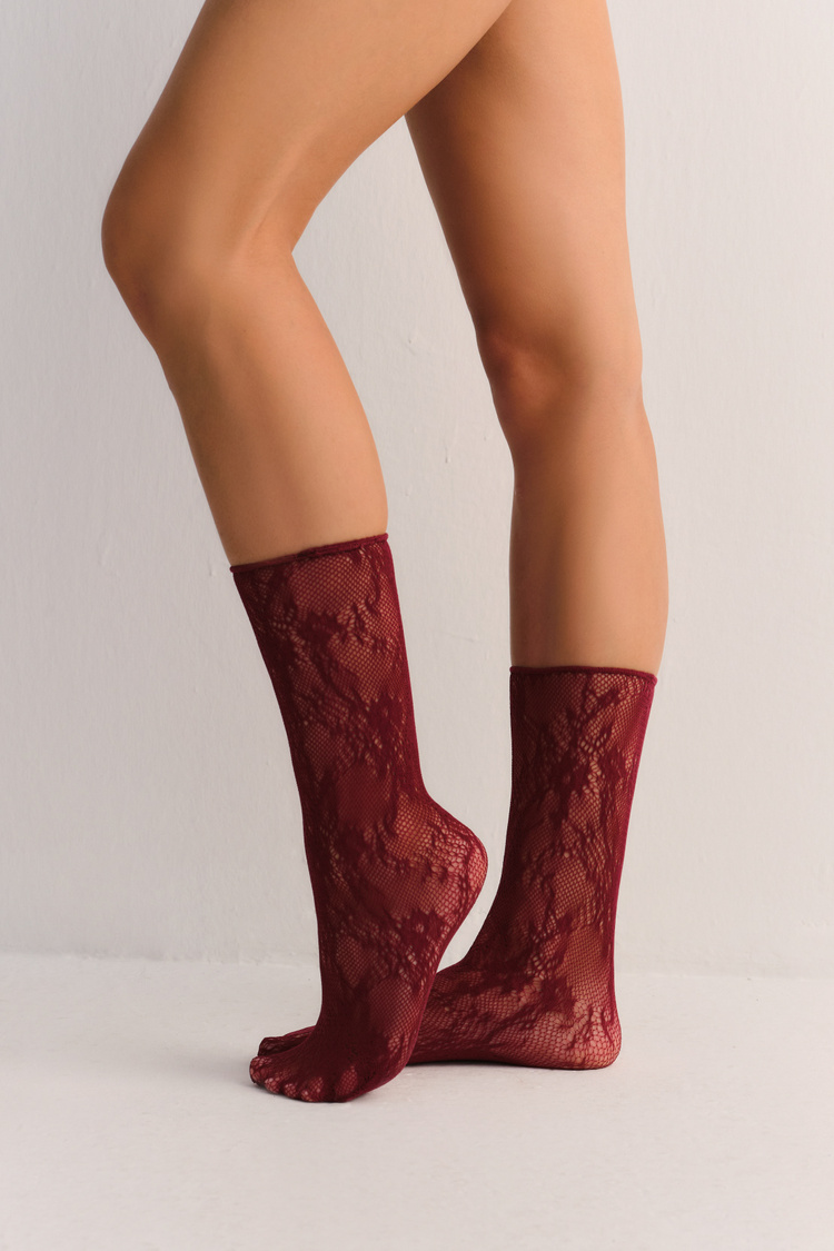 Bordo Fishnet Dantelli Soket Çorap