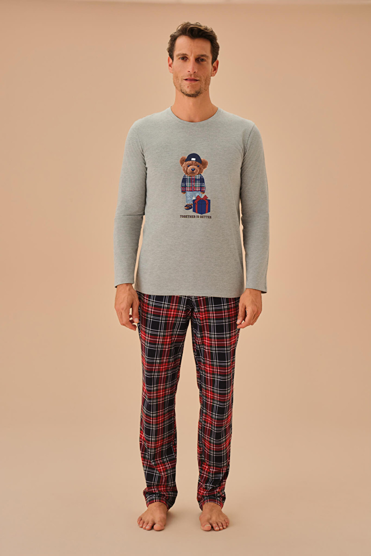 Navy Blue Plaid Teddy Bear Men Pyjamas Set SUWEN