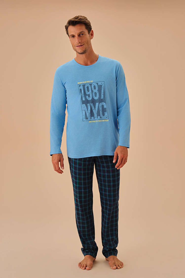 Navy Blue Plaid Chris Men Pyjamas Set SUWEN