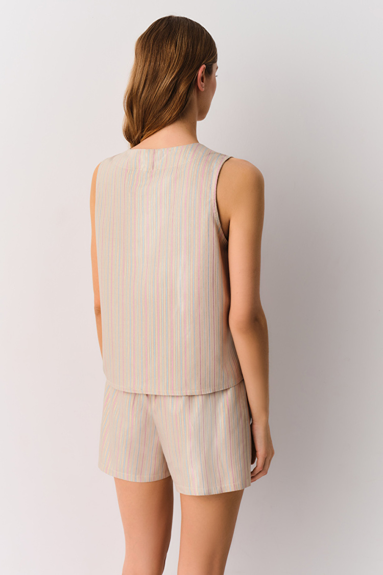 Bej Çizgili Alessia Tişört Şort Pijama Takımı | SUWEN