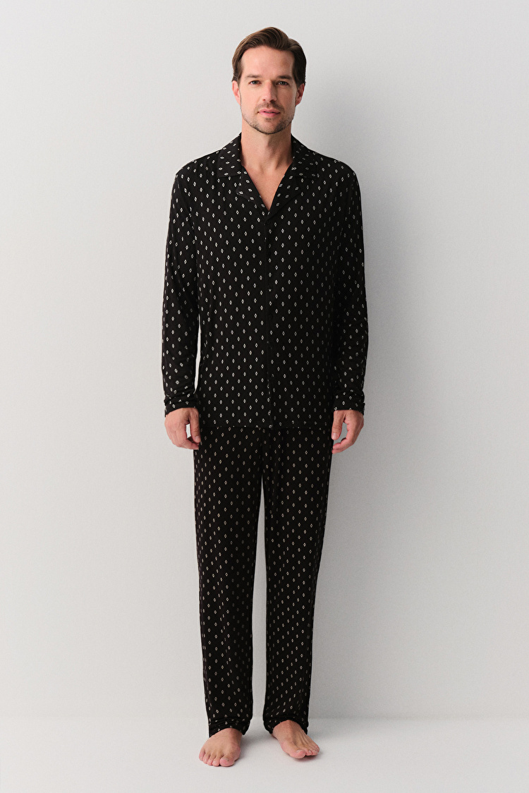 Black Print Adrian Men Masculine Pyjamas Set SUWEN