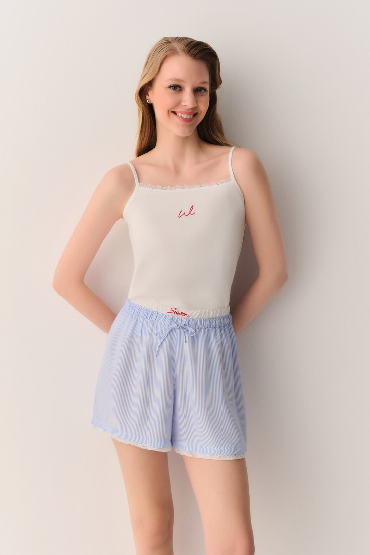 Mavi Çizgi Baskılı Jolly Atlet Şort Pijama Takımı