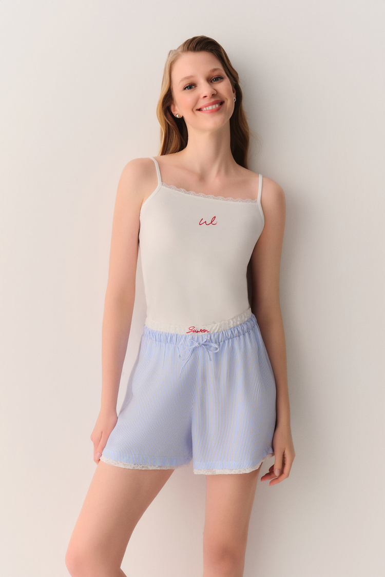 Mavi Çizgi Baskılı Jolly Atlet Şort Pijama Takımı