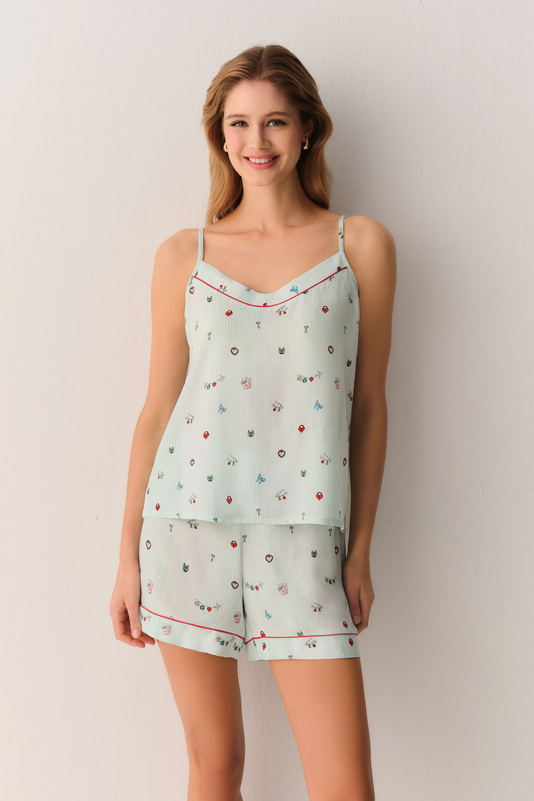 Yeşil Desenli Smile Atlet Şort Pijama Takımı