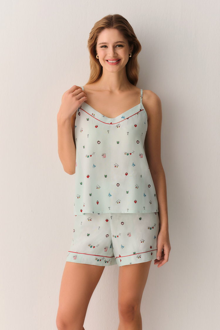 Yeşil Desenli Smile Atlet Şort Pijama Takımı