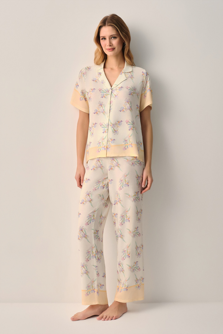 Ekru Desenli Aurel Gömlek Yaka Pijama Takımı