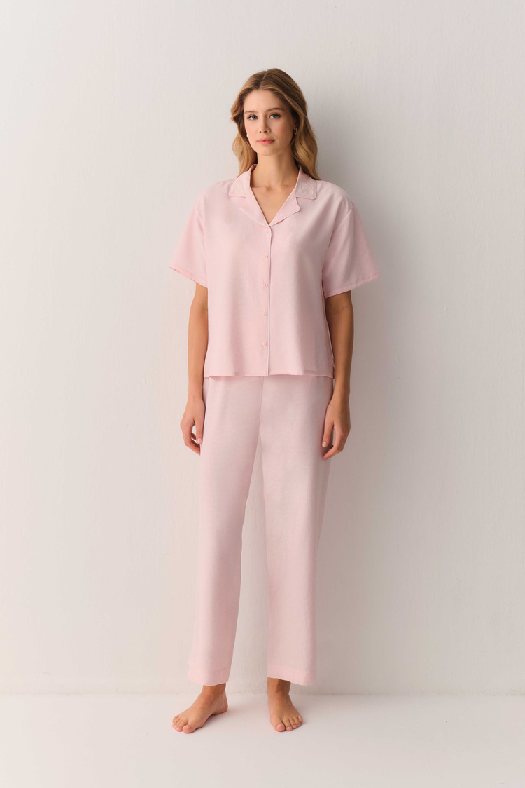 Pembe Amanda Gömlek Yaka Pijama Takımı