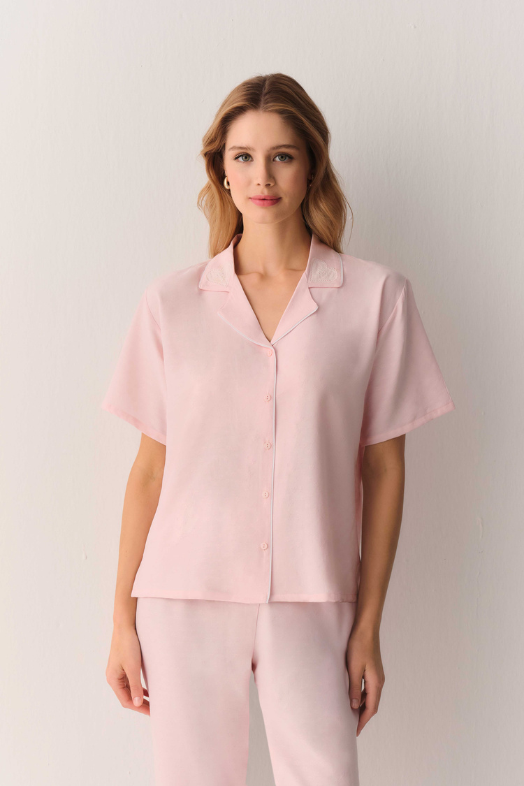 Pembe Amanda Gömlek Yaka Pijama Takımı