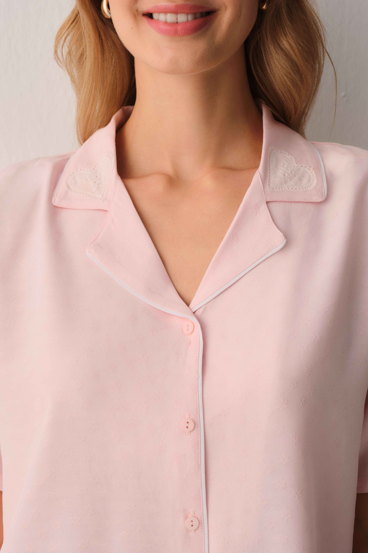 Pembe Amanda Gömlek Yaka Pijama Takımı