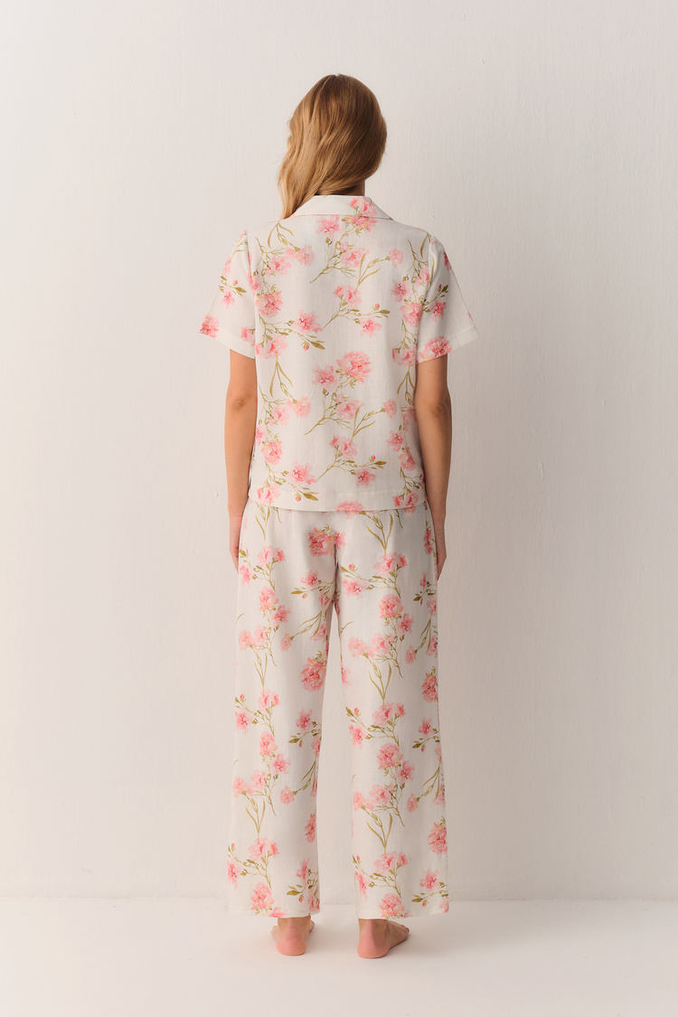 Ekru Desenli Ellen Pamuklu Gömlek Yaka Pijama Takımı