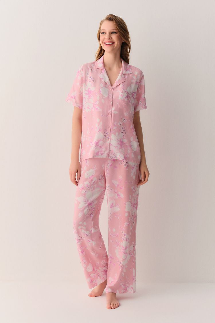 Pembe Ashley Gömlek Yaka Pijama Takımı