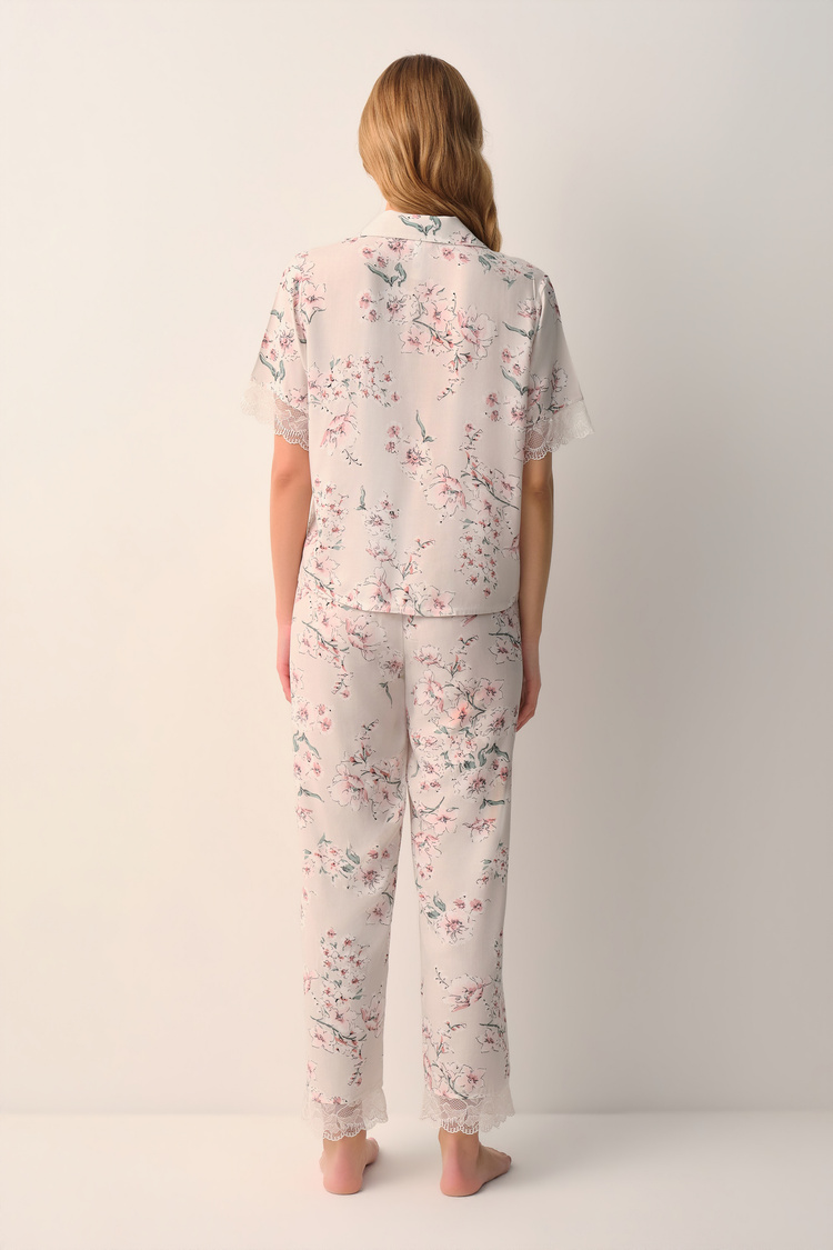 Bej Desenli Beatrix Gömlek Yaka Pijama Takımı