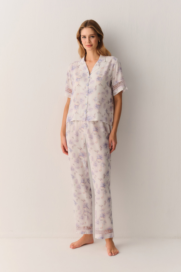 Lila Desenli Lilac Gömlek Yaka Pijama Takımı