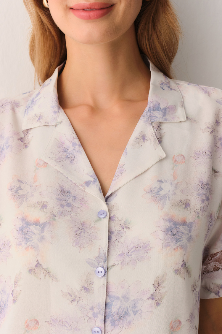 Lila Desenli Lilac Gömlek Yaka Pijama Takımı