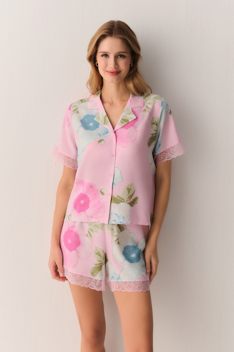 Pembe Meloni Gömlek Yaka Şort Pijama Takımı