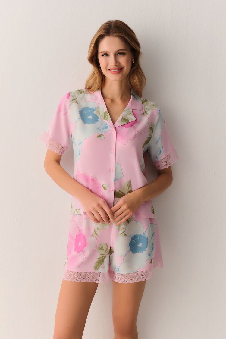 Pembe Meloni Gömlek Yaka Şort Pijama Takımı