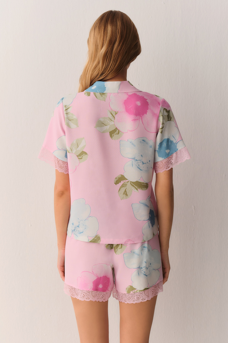 Pembe Meloni Gömlek Yaka Şort Pijama Takımı