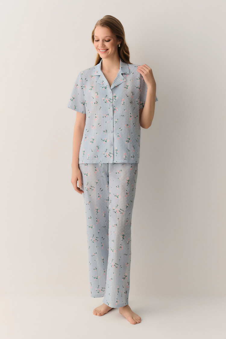 Mavi Desenli Pretty Pamuklu Gömlek Yaka Pijama Takımı