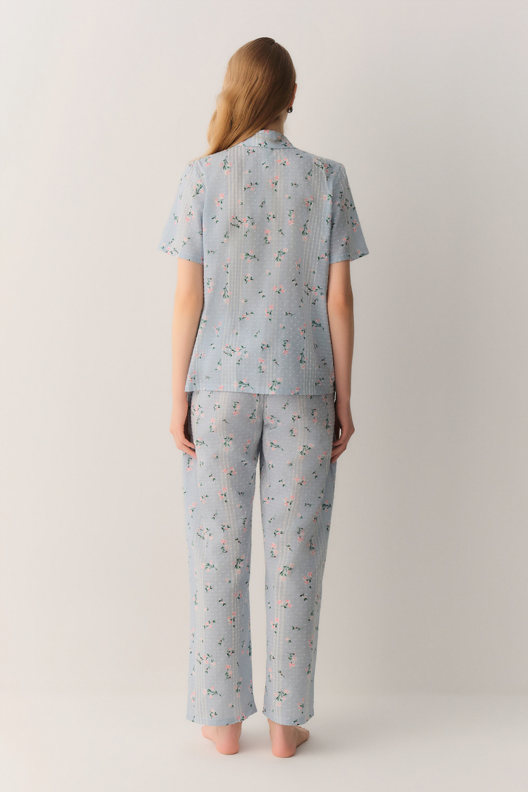 Mavi Desenli Pretty Pamuklu Gömlek Yaka Pijama Takımı